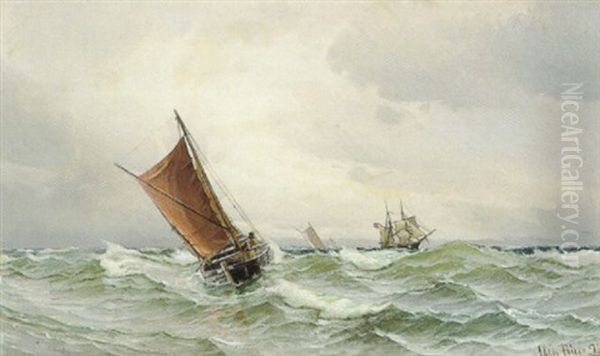 Marine Med Skibe Pa Havet Oil Painting by Vilhelm Bille