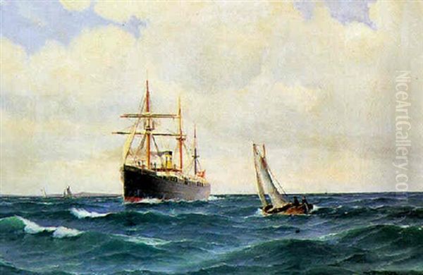 Marine Med Dampskib Fra Det Ostasiatiske Kompagni Og Jolle, Antagelig I Oresund Oil Painting by Vilhelm Bille