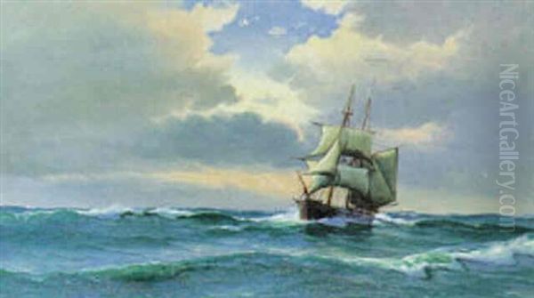 Marine Med Sejlskibe I Solnedgangen Oil Painting by Vilhelm Bille