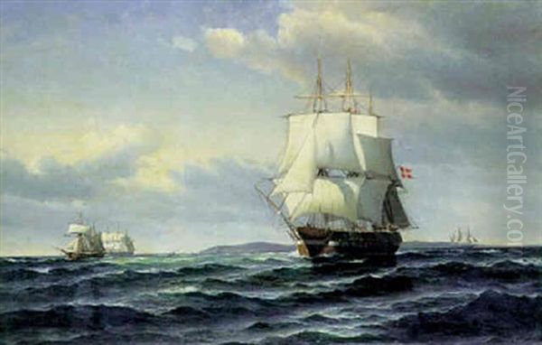 Marine Med Sejlskibe Pa Havet Oil Painting by Vilhelm Bille
