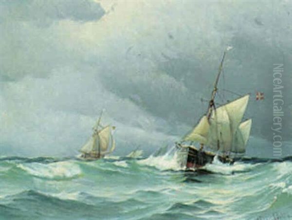 Marine Med Fiskerbade Oil Painting by Vilhelm Bille