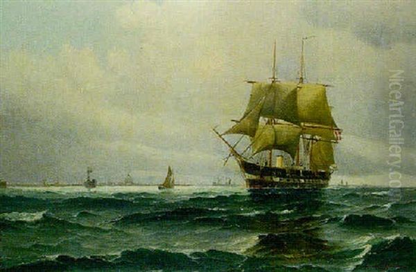 A Three-masted Barque And Other Shipping With Copenhagen Beyond Oil Painting by Vilhelm Bille