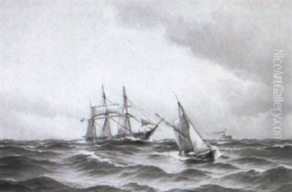 Marine, Sejlskibe Og Dampskib Pa Havet Oil Painting by Vilhelm Bille