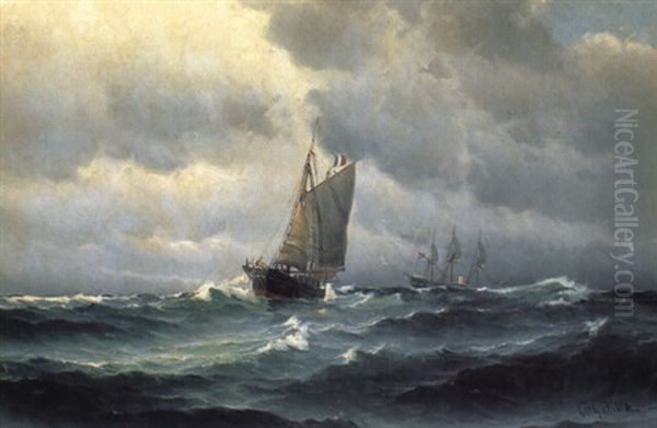 Marine Med Fransk Og Dansk Fiskekutter Oil Painting by Vilhelm Bille