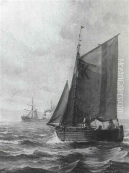 Seascape With Sailboat And Steamship Oil Painting by Vilhelm Bille