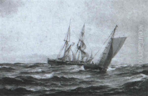 Marine Med Skibe Pa Havet Oil Painting by Vilhelm Bille