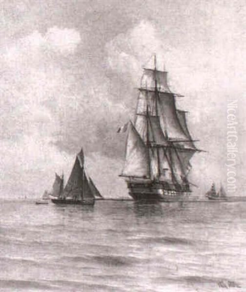 Marine Med Sejlskibe Oil Painting by Vilhelm Bille