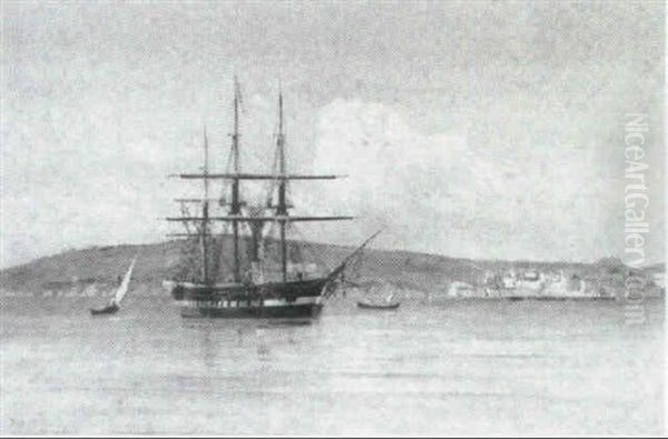 Marine, Sejlskibe Pa Havet, Udfor Sydlandsk By Oil Painting by Vilhelm Bille