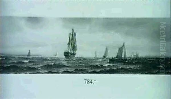Marine, Talrige Sejlskibe Udfor Kronborg, En Uverjsdag Oil Painting by Vilhelm Bille