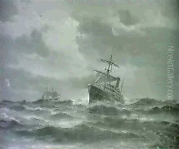 Marine Med Dampskib Og Sejler Oil Painting by Vilhelm Bille