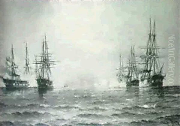 Marin Med Stridande Skepp Oil Painting by Vilhelm Bille