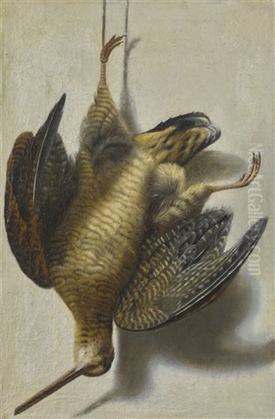 A Trompe L'oeil With A Woodcock Hanging Before A Wall Oil Painting by Cornelis Biltius