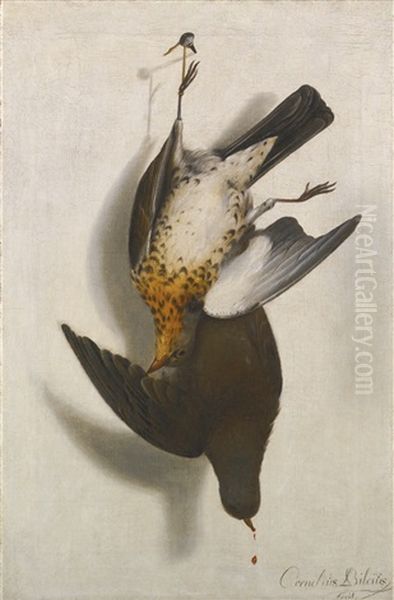 A Trompe L'oeil Still Life With Two Grouse Hanging From A Nail Oil Painting by Cornelis Biltius