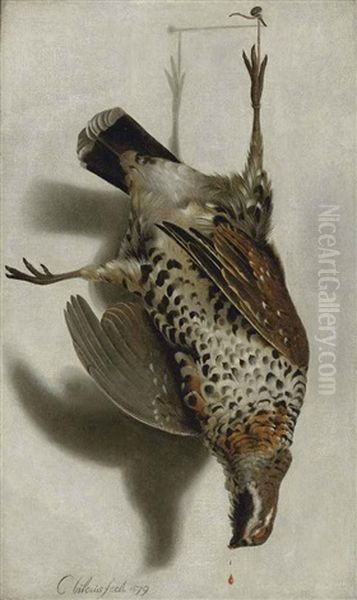 A Trompe L'oeil With A Grouse Hanging From A Nail Oil Painting by Cornelis Biltius
