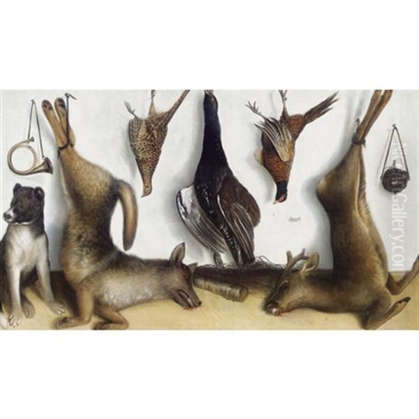 A Game Larder With A Dead Wolf, A Roe Deer, A Cock And A Hen Pheasant Oil Painting by Cornelis Biltius