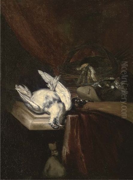 Dead Game And Song Birds By A Rifle On A Partly Draped Ledge, A Statue Beneath Oil Painting by Cornelis Biltius