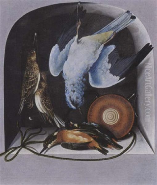 A Trompe L'oeil With A Hunting Still Life Of Birds And A Flacon In A Niche Oil Painting by Cornelis Biltius