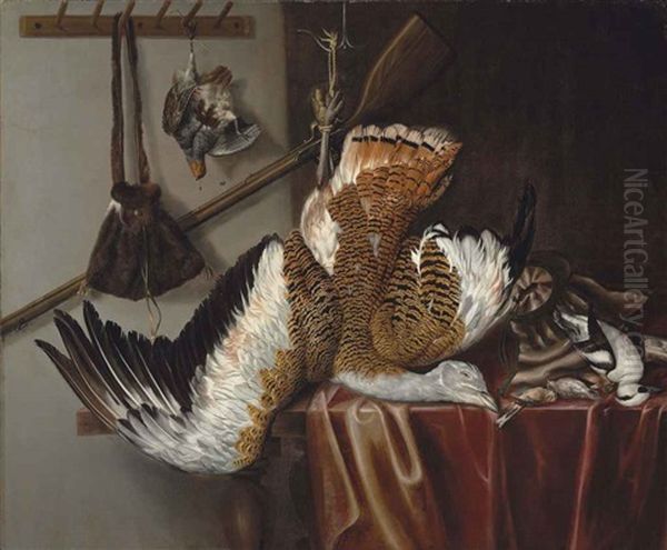 A Great Bustard And A Partridge Suspended From Strings, With A Smew And Three Songbirds On A Partially Draped Table, With A Rifle And Hunting Bag... Oil Painting by Jacobus Biltius