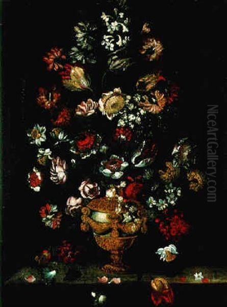 Bouquets De Fleurs Dans Un Vase Aux Ornements De Bronze Oil Painting by Bartolommeo Bimbi
