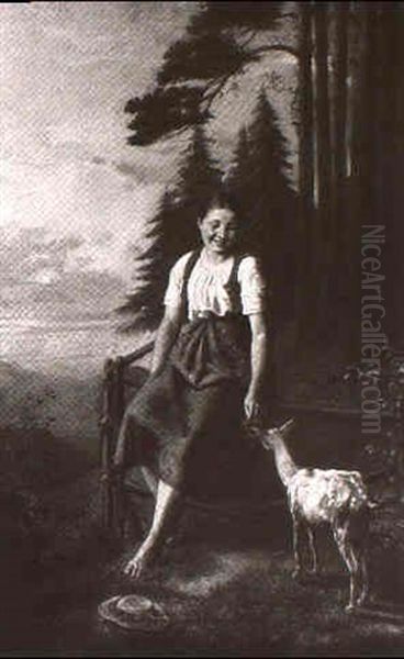 Hirtin Mit Ziege Am Waldrand Oil Painting by Alois Binder