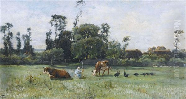 Weidelandschaft Mit Bauerin, Kuhen Und Huhnerschar Oil Painting by Victor Binet
