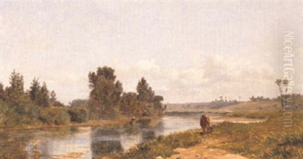 A River Landscape Oil Painting by Victor Binet