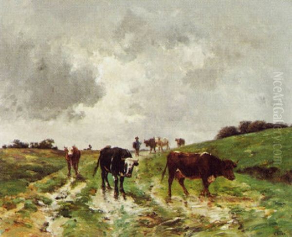 Kuhe In Landschaft Vor Einem Gewitter Oil Painting by Victor Binet