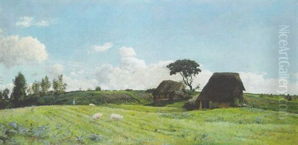 Farmhouses In A Field Oil Painting by Victor Binet