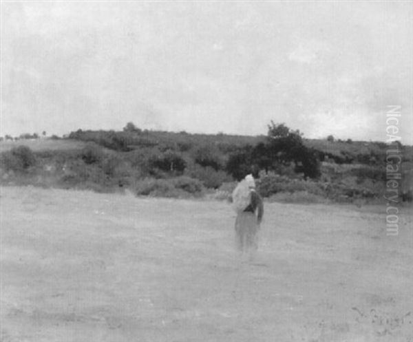 Wiesenlandschaft In Der Normandie Mit Bauerin Oil Painting by Victor Binet