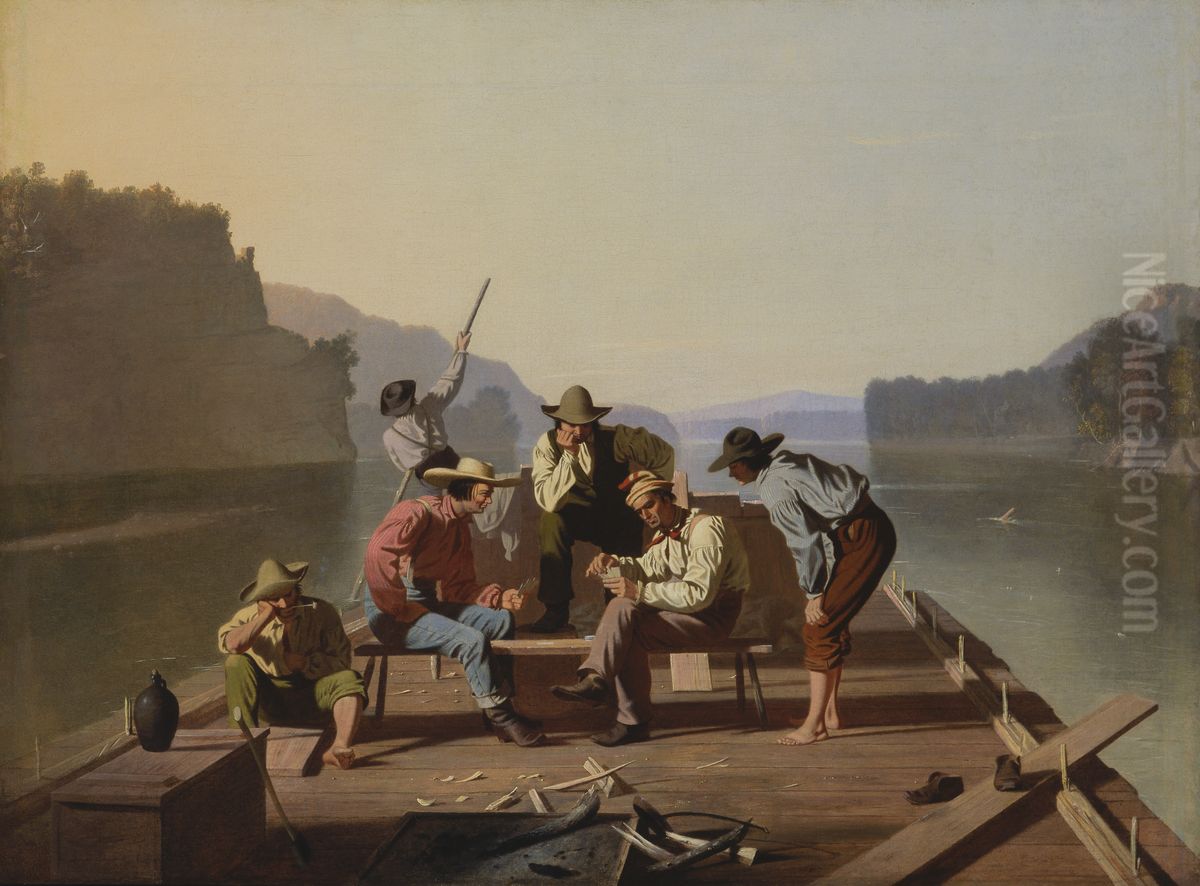 Raftsmen Playing Cards Oil Painting by George Caleb Bingham