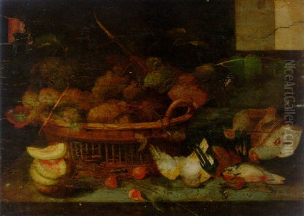 A Basket Of Grapes, With Other Fruit And Dead Birds On A Ledge Oil Painting by Pieter Binoit