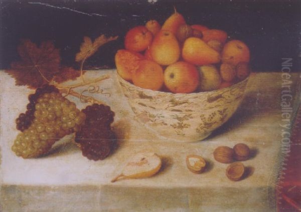 Apples, Pears And Walnuts In A Wan-li Bowl, With Grapes, A Pear And Walnuts On A Draped Table Oil Painting by Pieter Binoit
