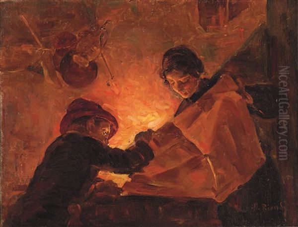 La Famiglia Vicino Al Focolare Oil Painting by Nicola Biondi
