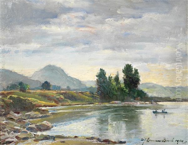 Fishermen In A River Landscape Oil Painting by Samuel John Lamorna Birch