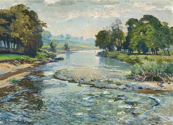 An Angler On The Deveron, Aberdeenshire, Scotland Oil Painting by Samuel John Lamorna Birch