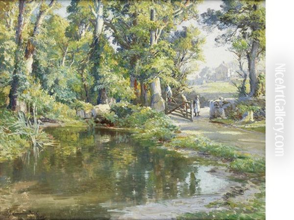 In The Quiet Of Our Valley, Hoskings Mill, Lamorna Oil Painting by Samuel John Lamorna Birch