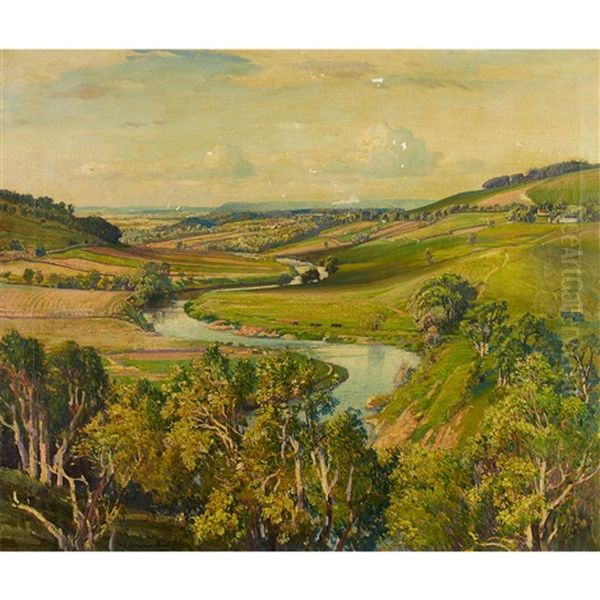 River Valley From Above Oil Painting by Samuel John Lamorna Birch