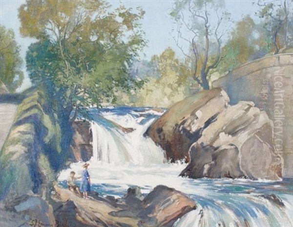 Figures By A Waterfall Oil Painting by Samuel John Lamorna Birch