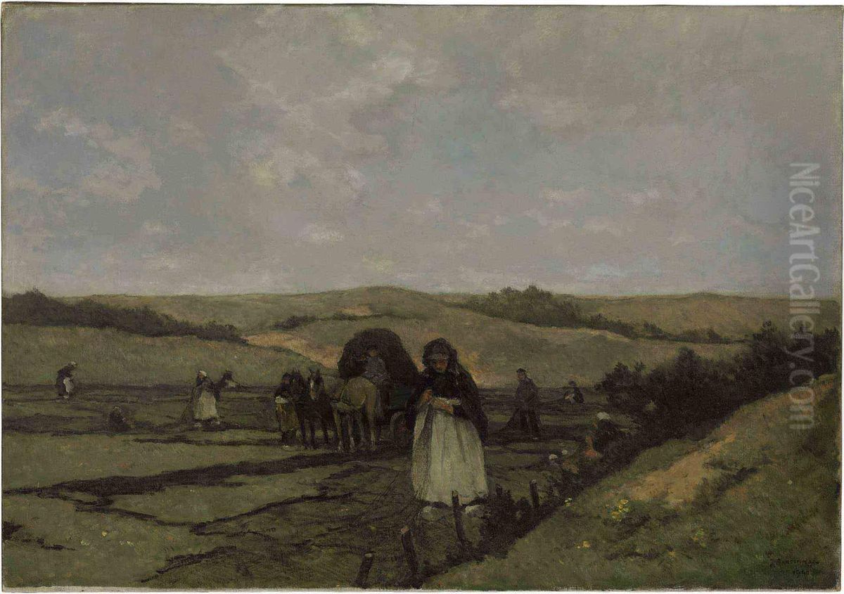 Mending The Nets In The Dunes Of Scheveningen Oil Painting by Johannes Evert Akkeringa