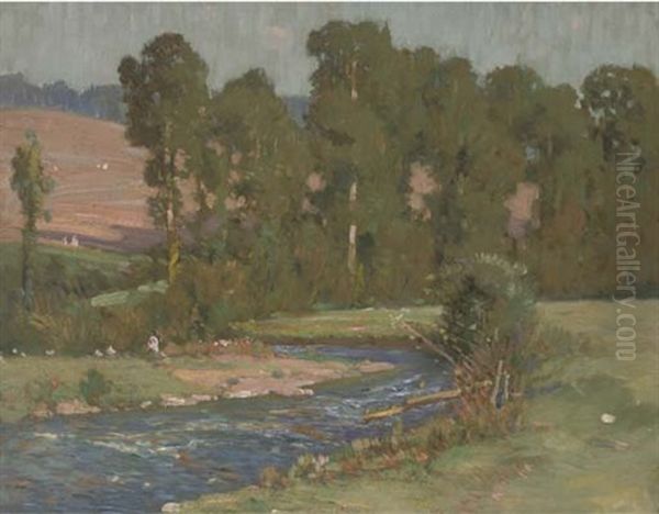 River In A Landscape Oil Painting by Samuel John Lamorna Birch