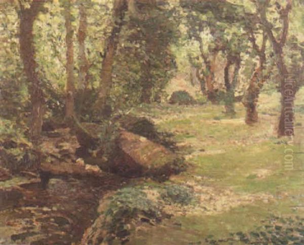 A Sunlit Forest Stream Oil Painting by Samuel John Lamorna Birch