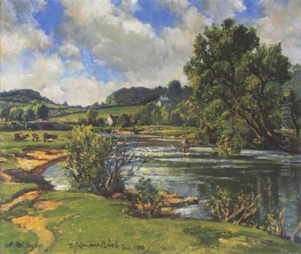 Fly Fishing On The Exe Oil Painting by Samuel John Lamorna Birch