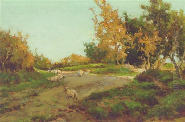 Sheep On A Lane, France Oil Painting by Samuel John Lamorna Birch