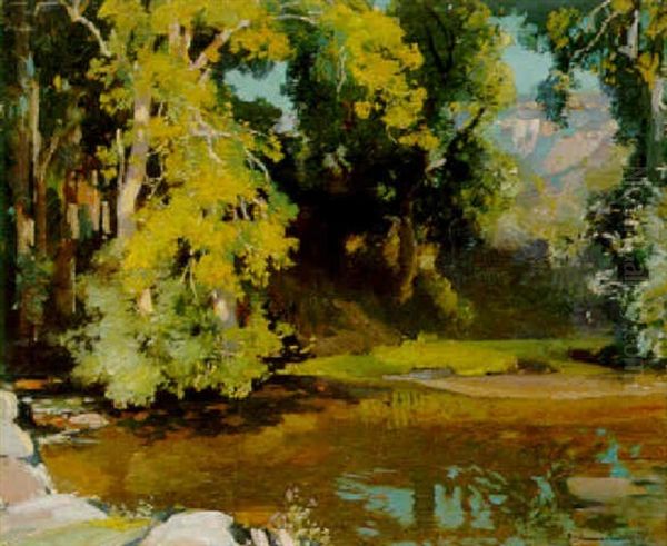 Gum Trees By A Shaded Pool, Australia Oil Painting by Samuel John Lamorna Birch