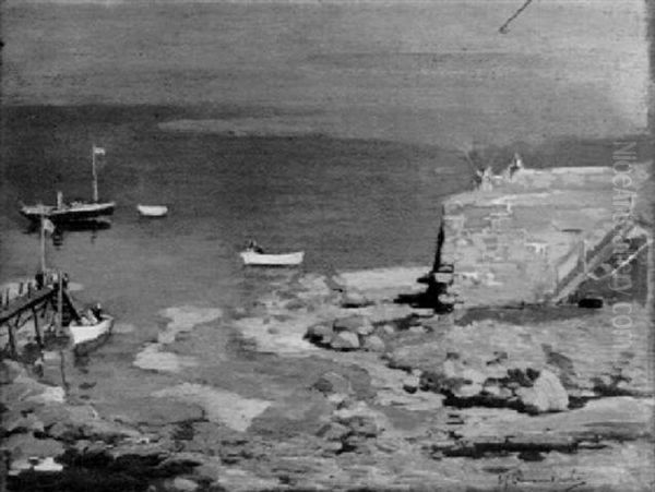 Fishing Boats In A Cove, With Figures On A Quay Oil Painting by Samuel John Lamorna Birch