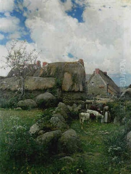 Feeding The Calves, Boleigh Farm Oil Painting by Samuel John Lamorna Birch