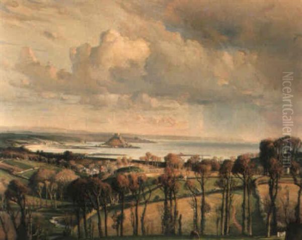 Panoramic View Of St. Michels Mount, Cornwall Oil Painting by Samuel John Lamorna Birch
