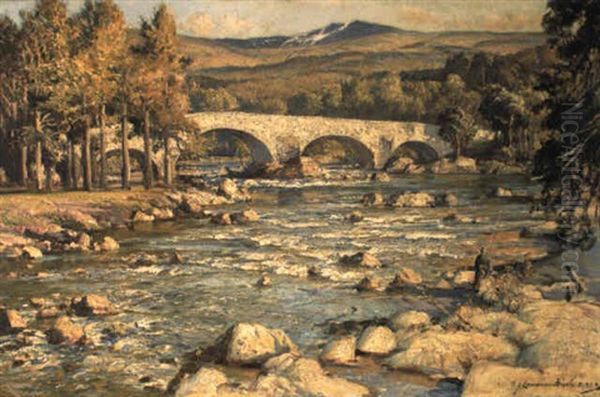 The River Dee With A Fisherman By The Auld Bridge And Lochnagar Beyond Oil Painting by Samuel John Lamorna Birch