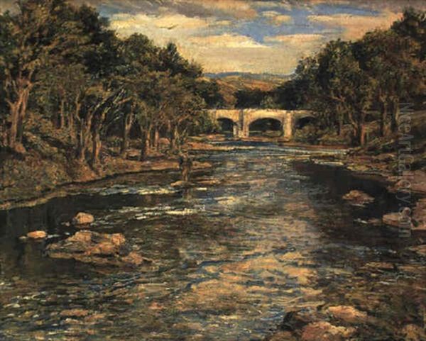 A Fisherman By A Bridge Oil Painting by Samuel John Lamorna Birch