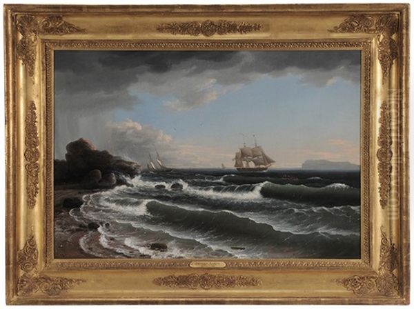 Ship Tacking Toward An Inlet Off A Rocky Coast (ships Off A Rocky Coast) Oil Painting by Thomas Birch